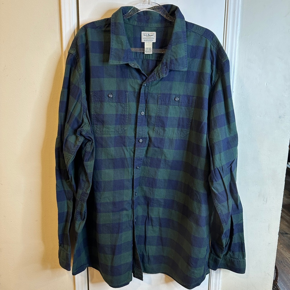 LL Bean Mens XXXL-Tall Flannel Shirt Navy Green Buffalo Plaid Slightly Fitted
